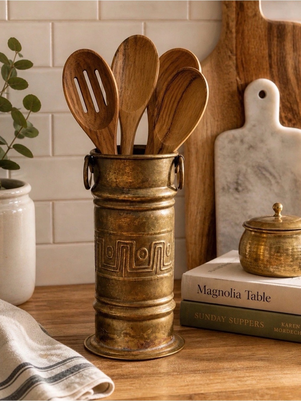 Vtg Brass Greek Key Vase Utensil Holder Hollywood Regency Boho Decor Patina 6”